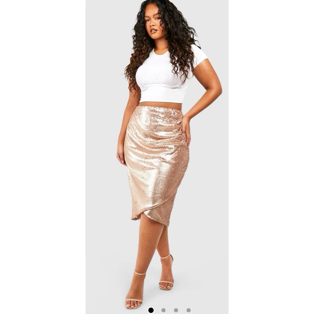NWT Boohoo Sequin Pencil Plus Size 18 Wrap Midi Skirt - Gold